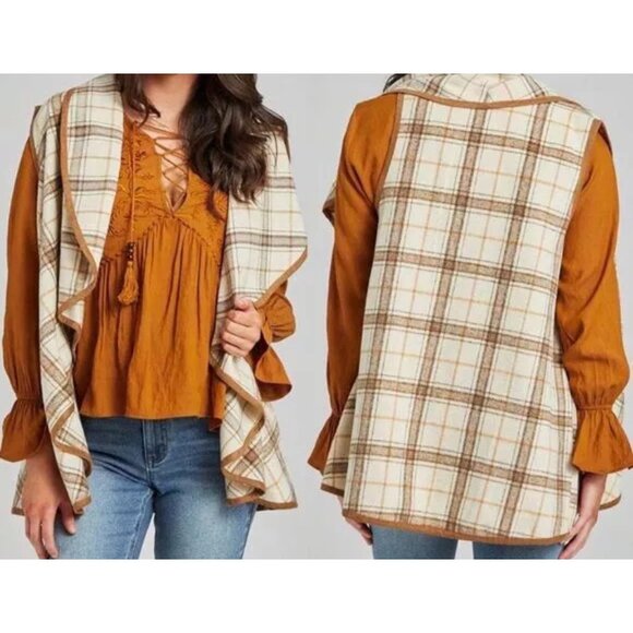 Clinton Boho Tan Plaid Knit Vest By Altard State Small Beige/Orange Wool Blend - Picture 8 of 9